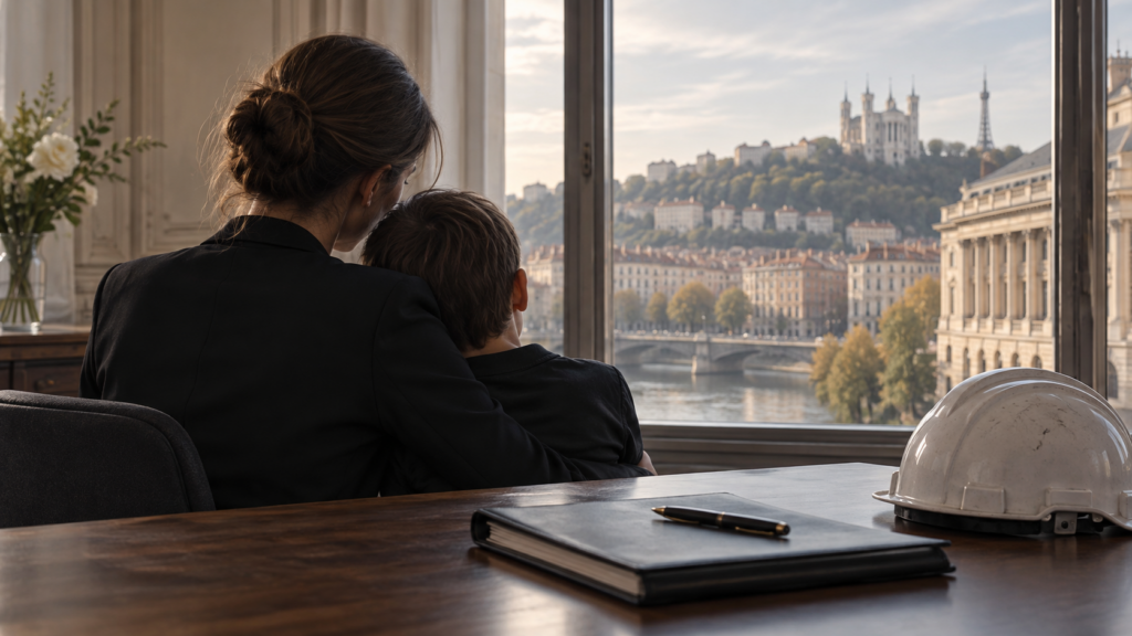 Une mère et son enfant vus de dos, avec un casque de chantier, face à Lyon.