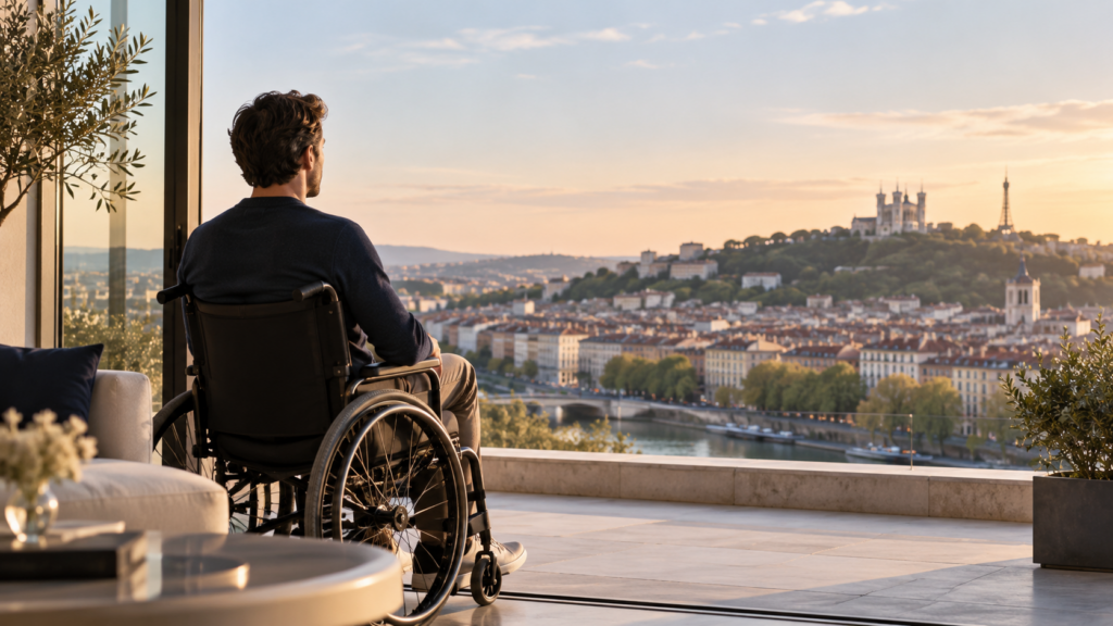 Victime en fauteuil roulant après un accident grave, face à Lyon