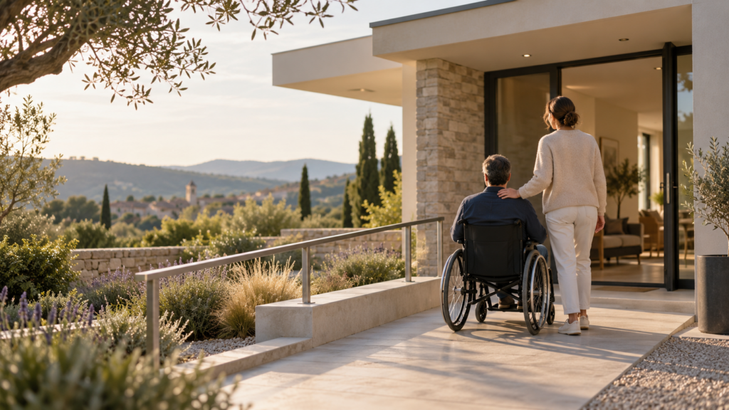 Personne en fauteuil roulant accompagnée devant l'entrée accessible d'une maison adaptée